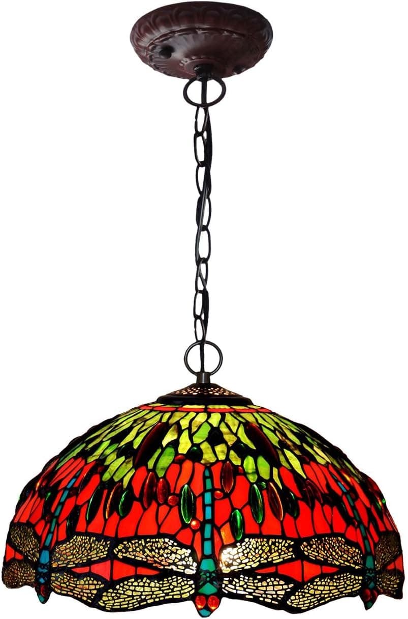 Bieye L10173 Dragonfly 16 inch Tiffany Style Stained Glass Ceiling Pendant Fixture (Red)
