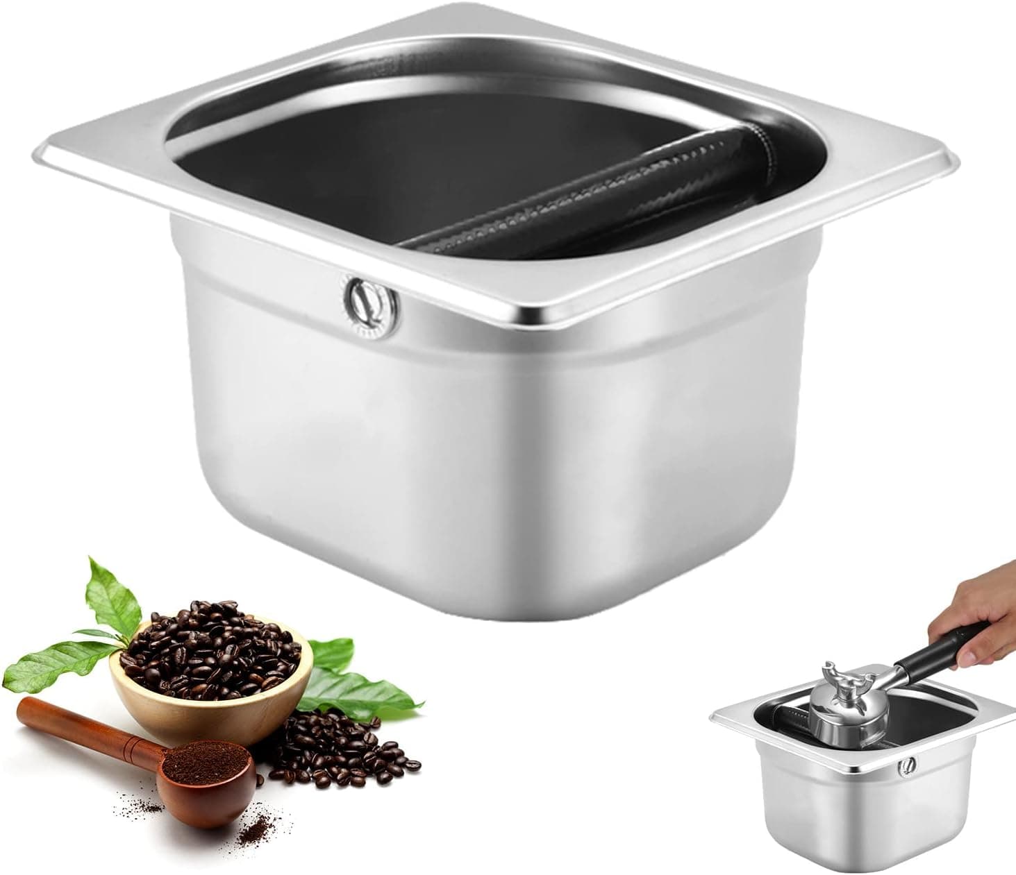 TYUI Modern Espresso Knock Box，Stainless Steel Coffee Knock Box，with Removable Heavy-Duty Metal Knock Bar and Shock- Absorbent Durable and Non-Slip Base for Espresso Maker Accessories