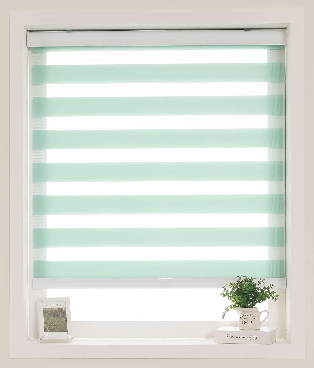 Cordless Custom Zebra Roller Shades and Blinds [Cordless Basic, Mint, W 28 x H 40 inch] Dual Layer Sheer or Privacy Light Control, Day and Night Window Drapes, 24 to 70 inch Wide