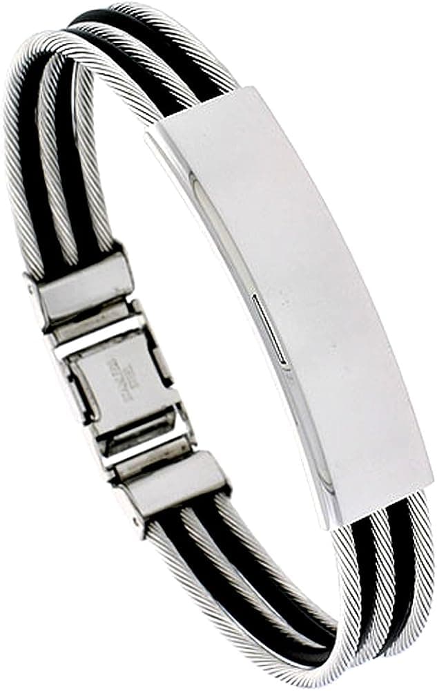 Sabrina Silver Stainless Steel Cable Bracelet ID Plate Black Rubber Accent, 8 inch Long