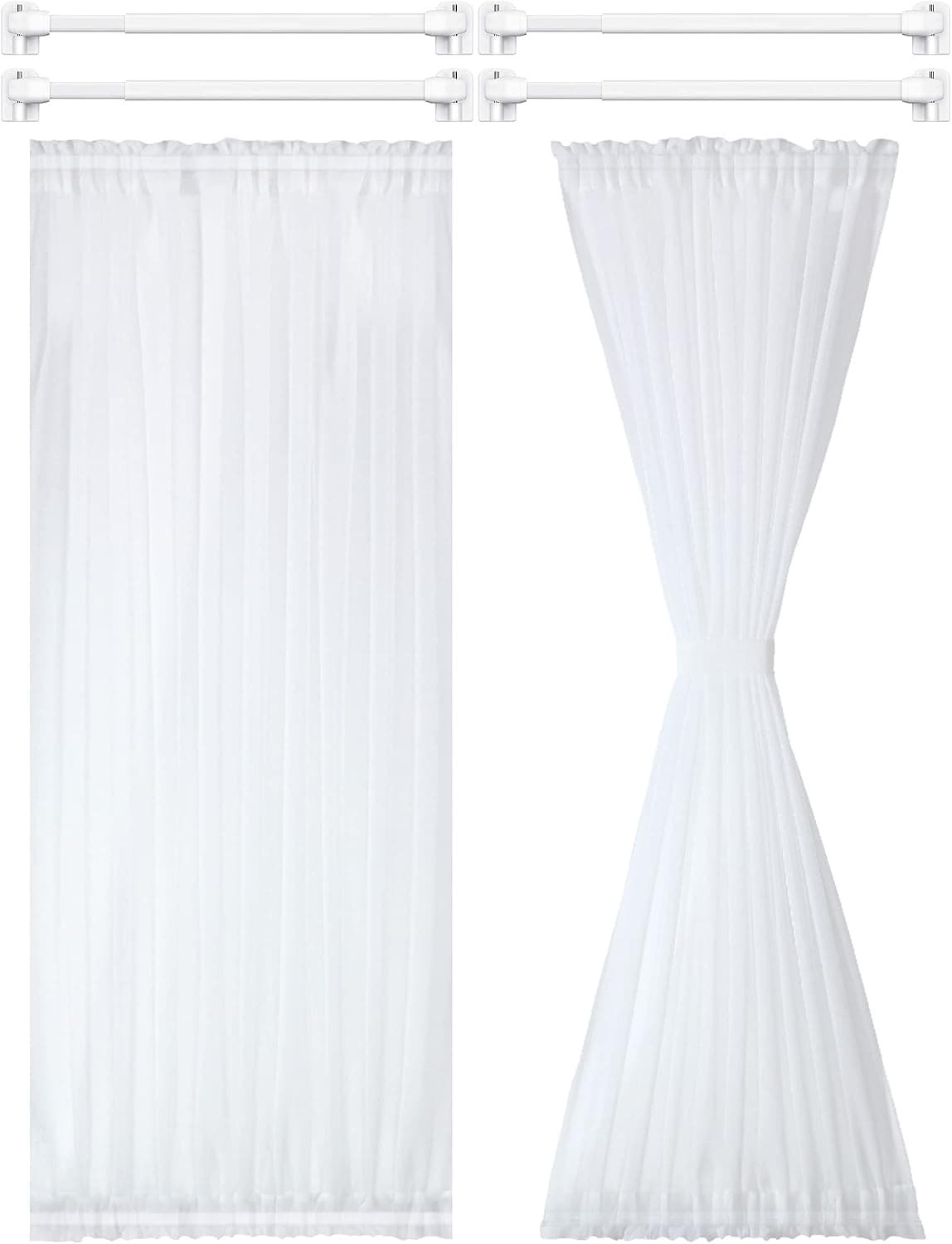 1 Set 2 Panel French Door Curtain Half Door Curtain Panel Sheer Voile Rod Pocket Curtain Panel with 4 Pieces Adjustable Curtain Rod and 8 Pieces Adhesive Curtain Rod Hooks (White,54 x 72 Inches)