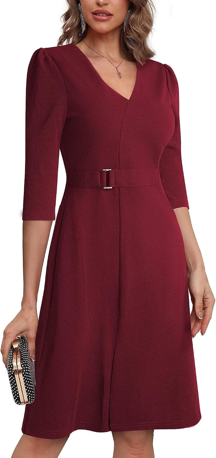 HOMEYEE Women's Vintage Semi-Formal V-Neck Puff Sleeves Casual Work Party Swing Dress A322