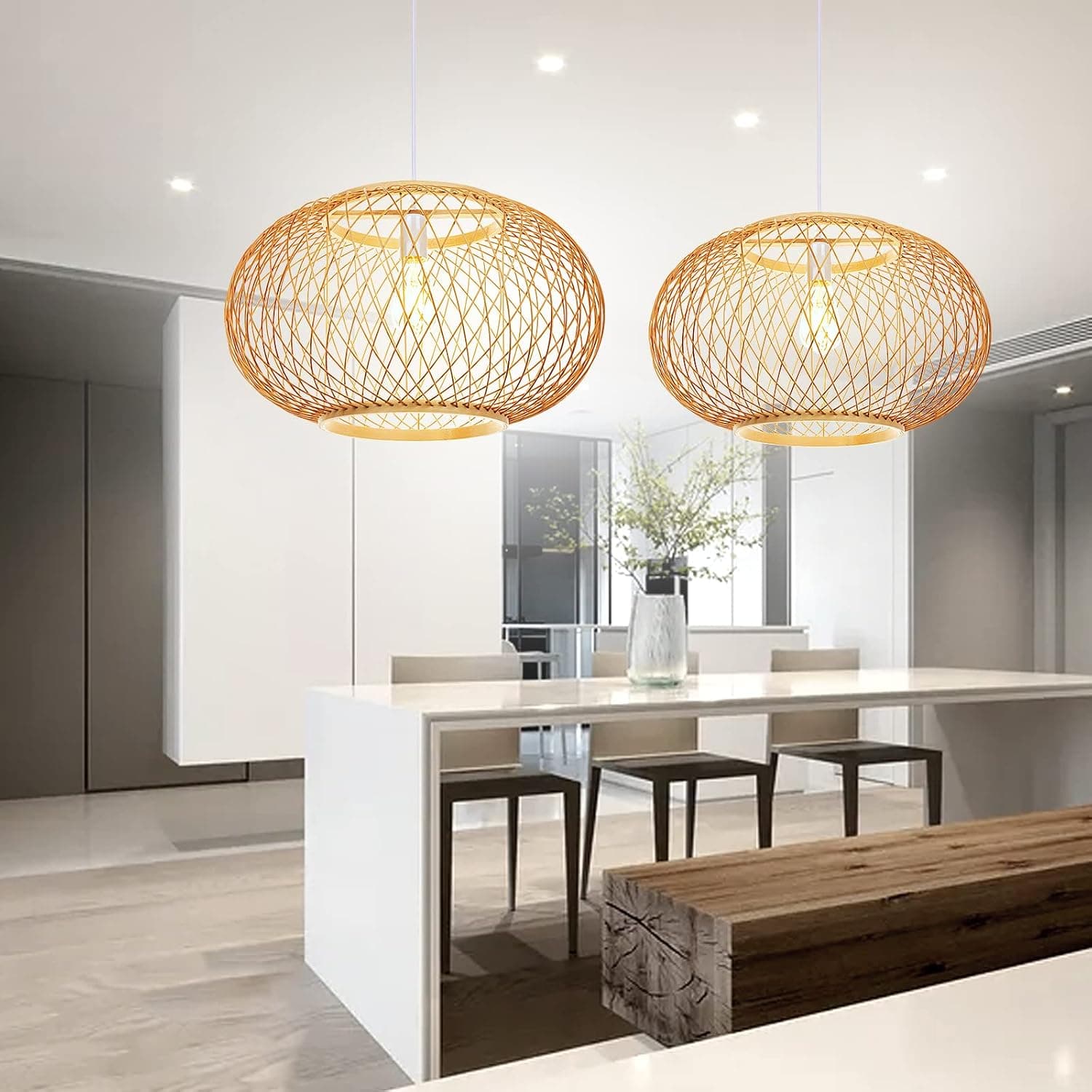 Arturesthome Weaving Bamboo Pendant Light for Kitchen Island, Wicker Chandelier, Handmade Woven Hanging Ceiling Light Lampshade for Living Room Bedroom