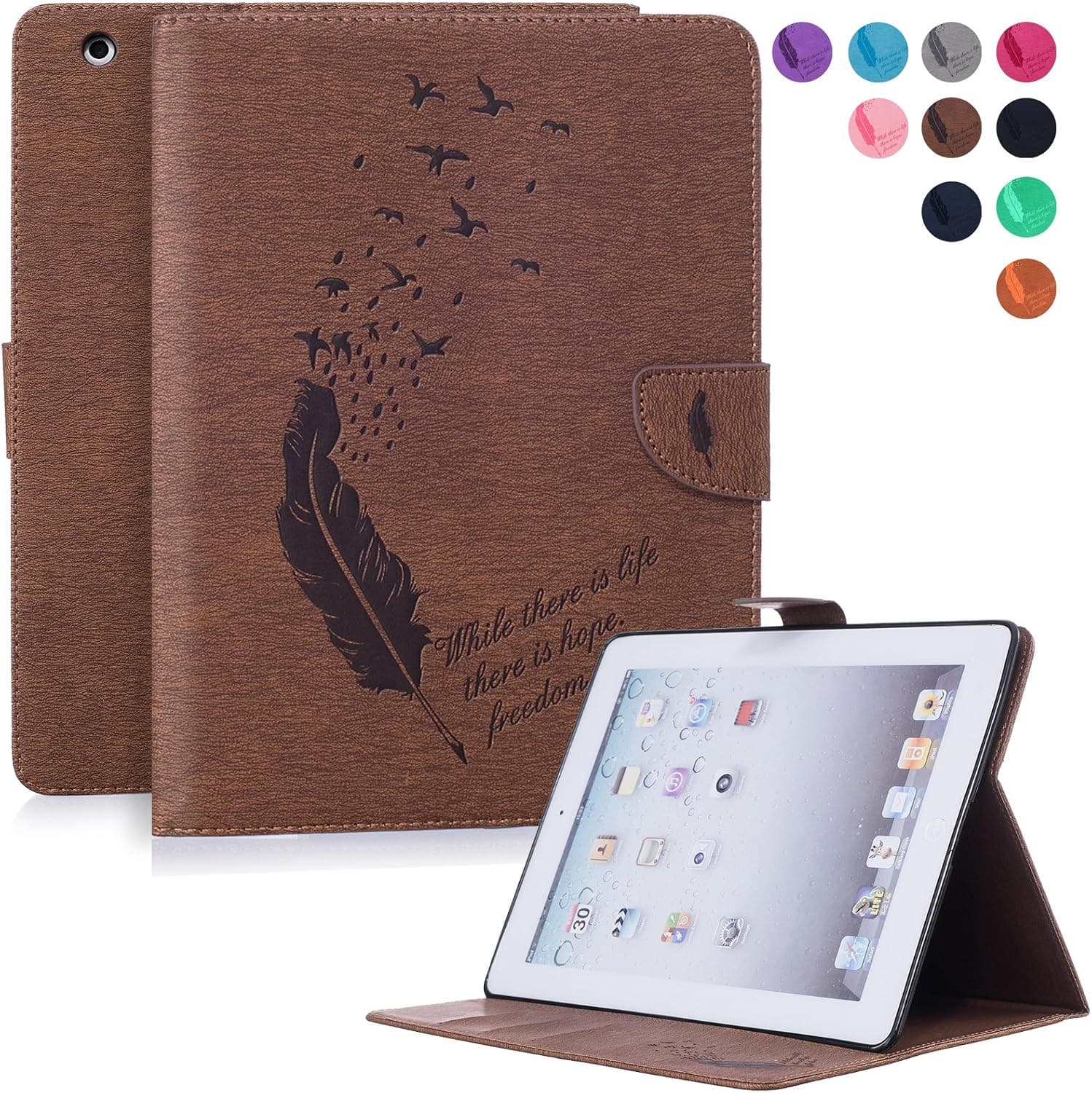 iPad 2/3/4 Case, Dteck(TM) Slim Fit Embossed Feather & Bird Leather Folio Stand Magnetic Case with Card Slots Wallet Cover for Apple iPad 4, iPad 3 & iPad 2, Coffee