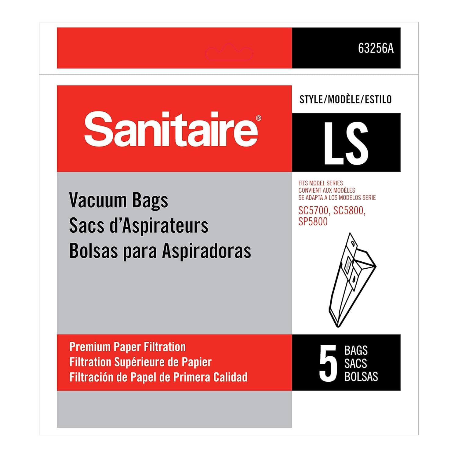Sanitaire - EUK63256A10 LS Premium Paper Bag (Pack of 5), Fits Models SC5713, SC5815, SP5816 Series Upright Vacuums, 63256A