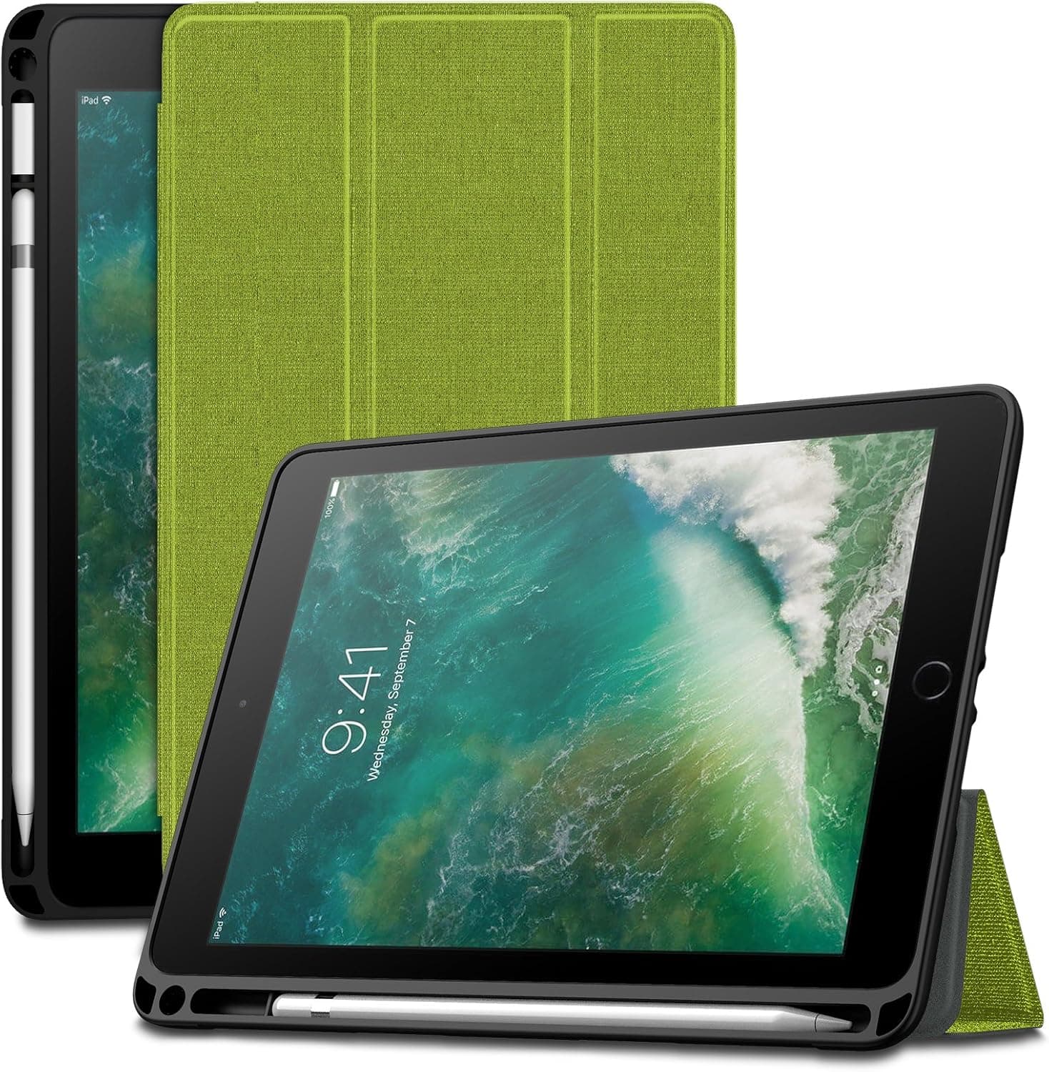 Infiland iPad 9.7 Inch 2018 Tri-Fold Cover Case With Apple Pencil Holder (Auto Wake/Sleep), Green