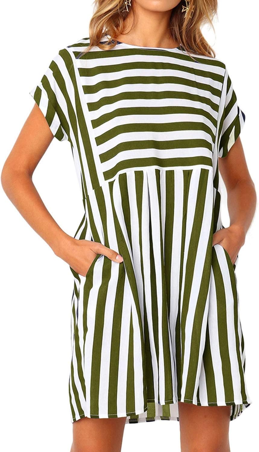 Naggoo Olive Green Dresses,Short Sleeve Dress for Women Casual Fit and Flare Xmas Dresses with Pocket S