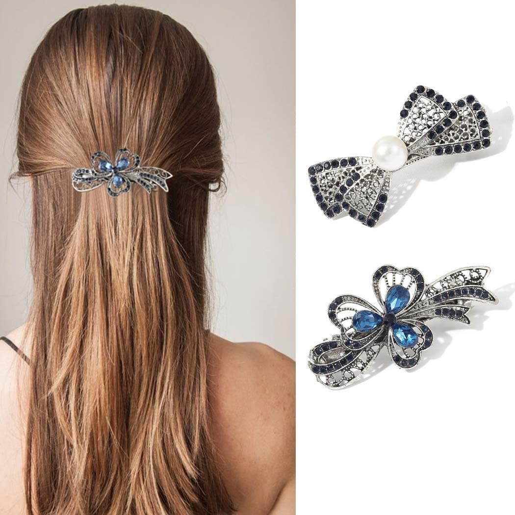 Brinie Rhinestone Hair Barrettes Blue Bowknot Hair Clips Automatic Crystal Hair Barrette Pearl French Hairpins Hair Accessories for Women and Girls (Pack of 2) (Type 1)
