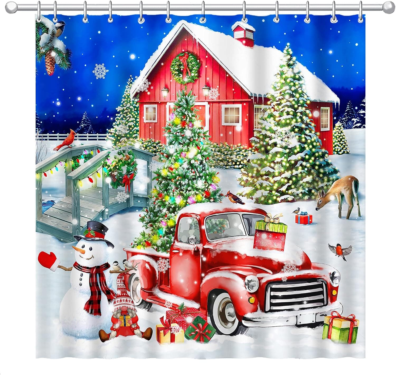 Hexagram Christmas Shower Curtain 72x72 inch, Christmas Red Truck Snowman Shower Curtains for Bathroom Bathtubs Decor, Holiday Farmhouse Xmas Winter Shower Curtain Sets with Hooks