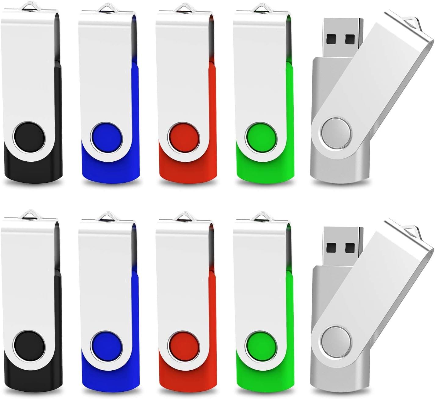 TOPSELL 10 Pack 32GB USB 3.0 Flash Drive Memory Stick Thumb Drives (5 Mixed Colors: Black Blue Green Red Silver)