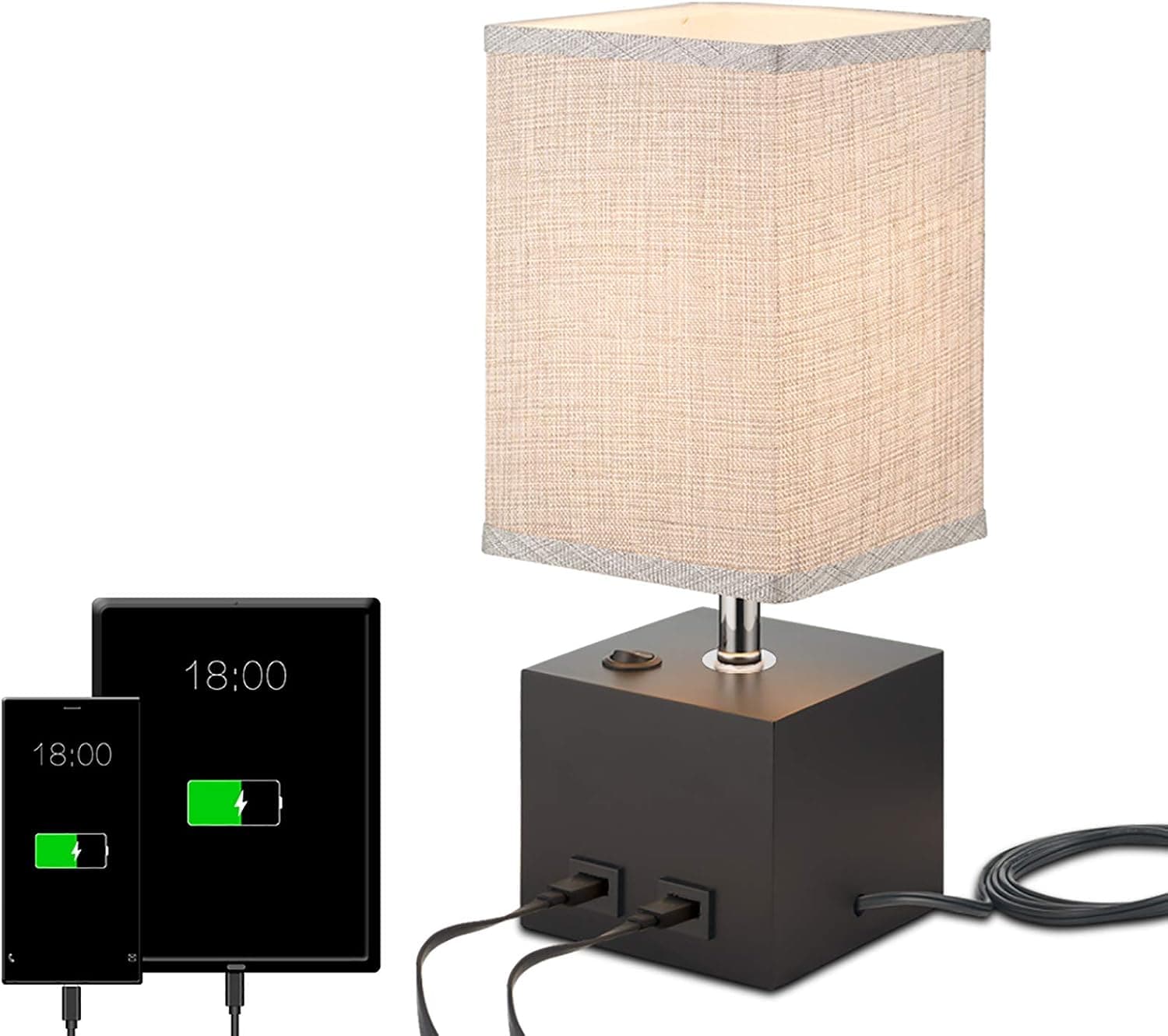 IC INSTANT COACH Table Desk Lamp, Grey Fabric Shade Bedside Nightstand Lamp with 2 USB Charging Port, Black Lamp Base for Bedroom,Office, Living Room