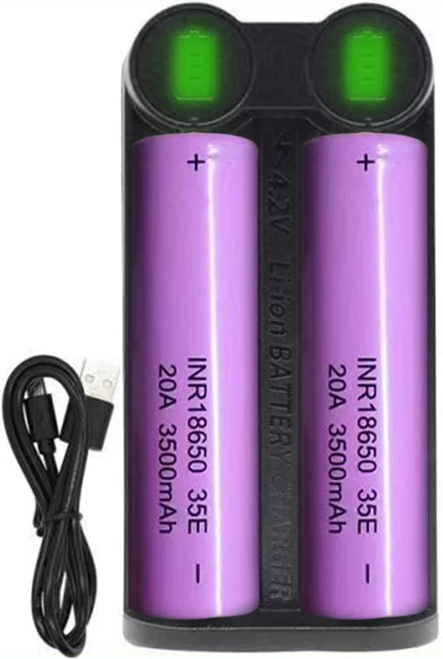 Universal Smart Charger, 2 Slots Battery Charger for Rechargeable Batteries Li-ion Batteries 18650 18700 18350 17650 17500 16340 14650, (2*pcs 18650 Rechargeable Battery Flat top Included,3500mAh).