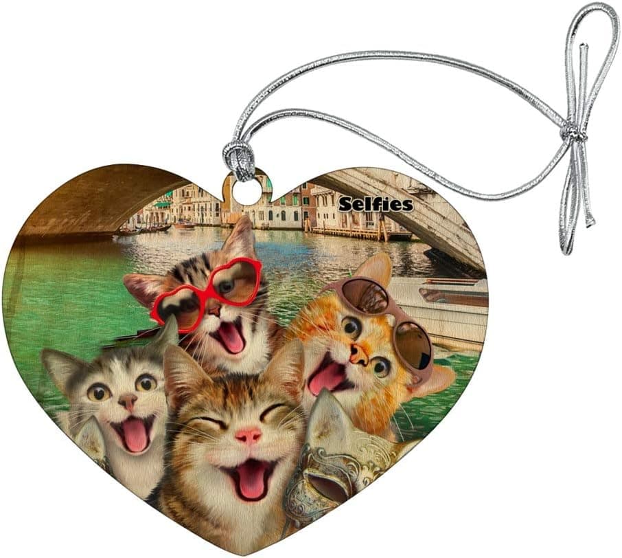 Venice Italy Cats Selfie Heart Love Wood Christmas Tree Holiday Ornament