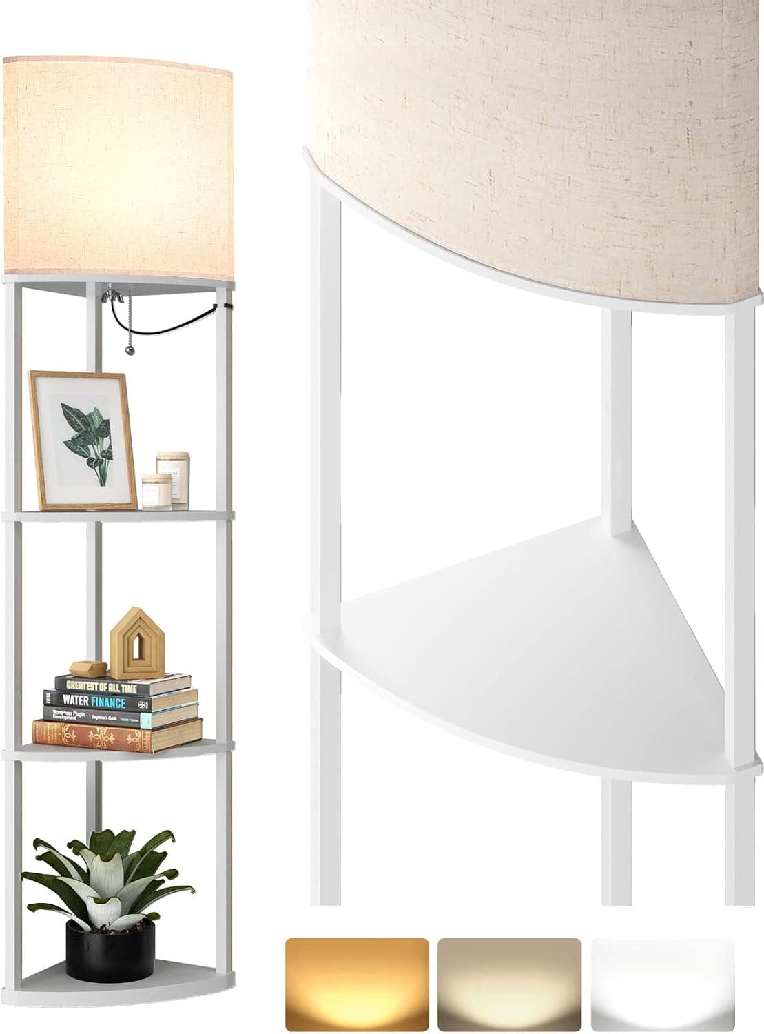addlon 4-Tier Sector Corner Shelf Floor Lamp with 3 Color Temperatures LED Bulb and White Lamp Shade - Display Floor Lamps with Shelves for Living Room, Bedroom and Office - White