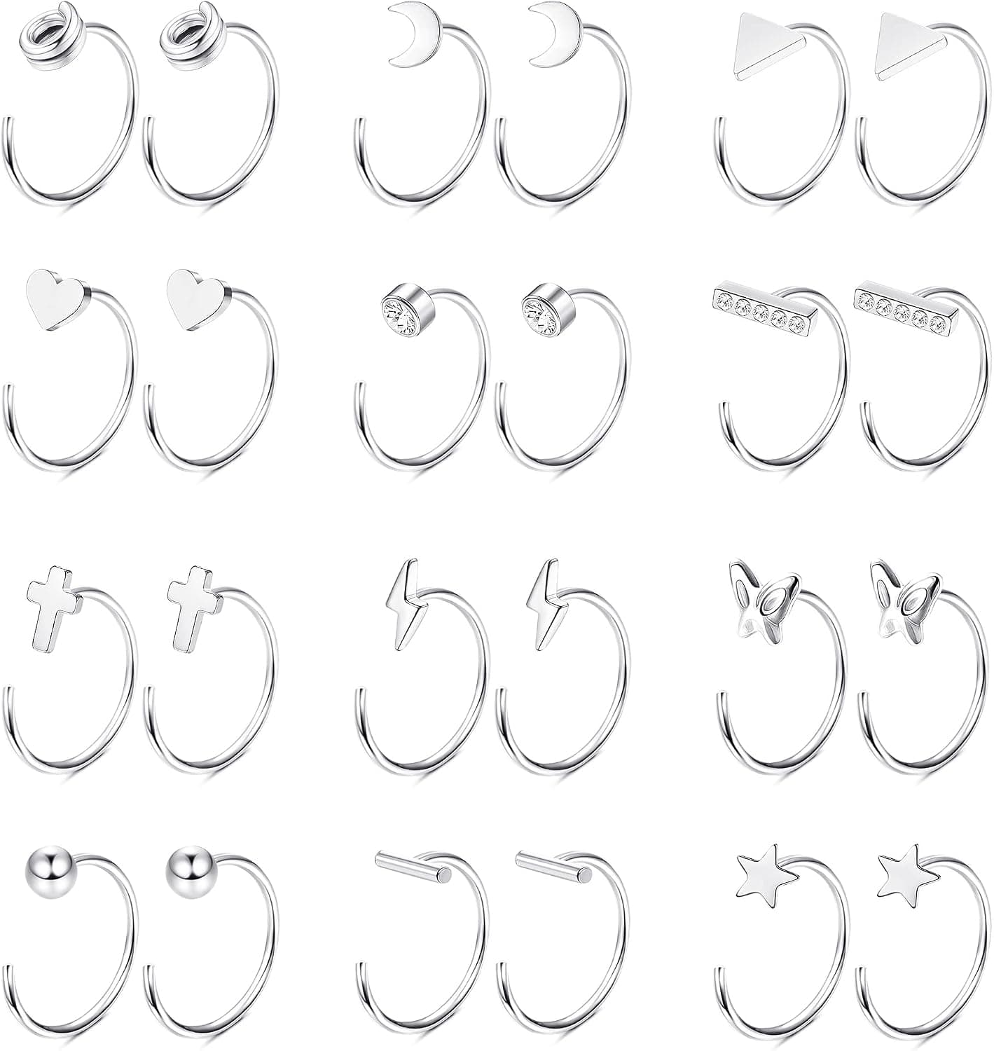 Udalyn 12 Pairs Half Hoop Earrings Stainless Steel Cartilage Piercing Earrings Star Moon Butterfly Heart Minimalist Mini Huggie Earrings Tiny Nose Ring Hoop Jewelry for Women Men