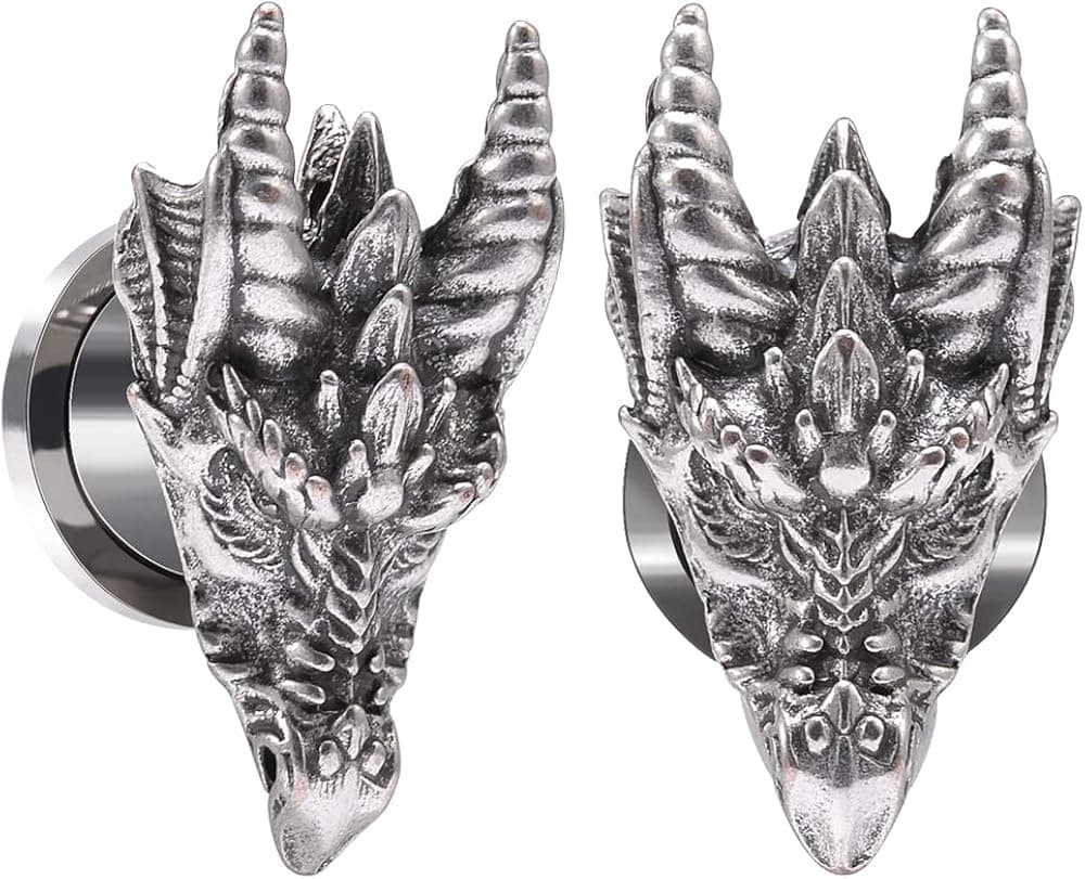 POBAISITER 1 Pair Stainless Steel Dragon Head Ear Gauges Tunnels Jewelry For Man For Woman Body Piercing Jewelry 2g-1/2 Inch Stretcher Plugs