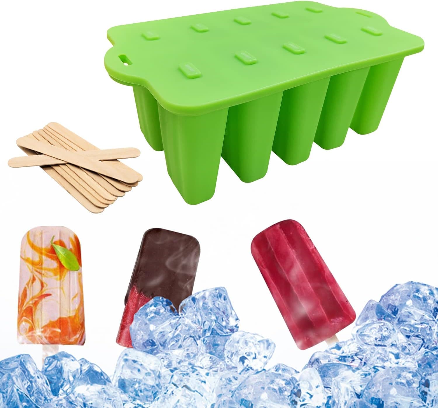Silicone Popsicle Molds,Reusable 10-cavity DIY Kitchen Gadgets Stackable Ice Trays,Easy Release Popsicle Maker Molds BPA Free Ice Pop Mold for Kids Specialty Accessories Tool for Freezer（Green）