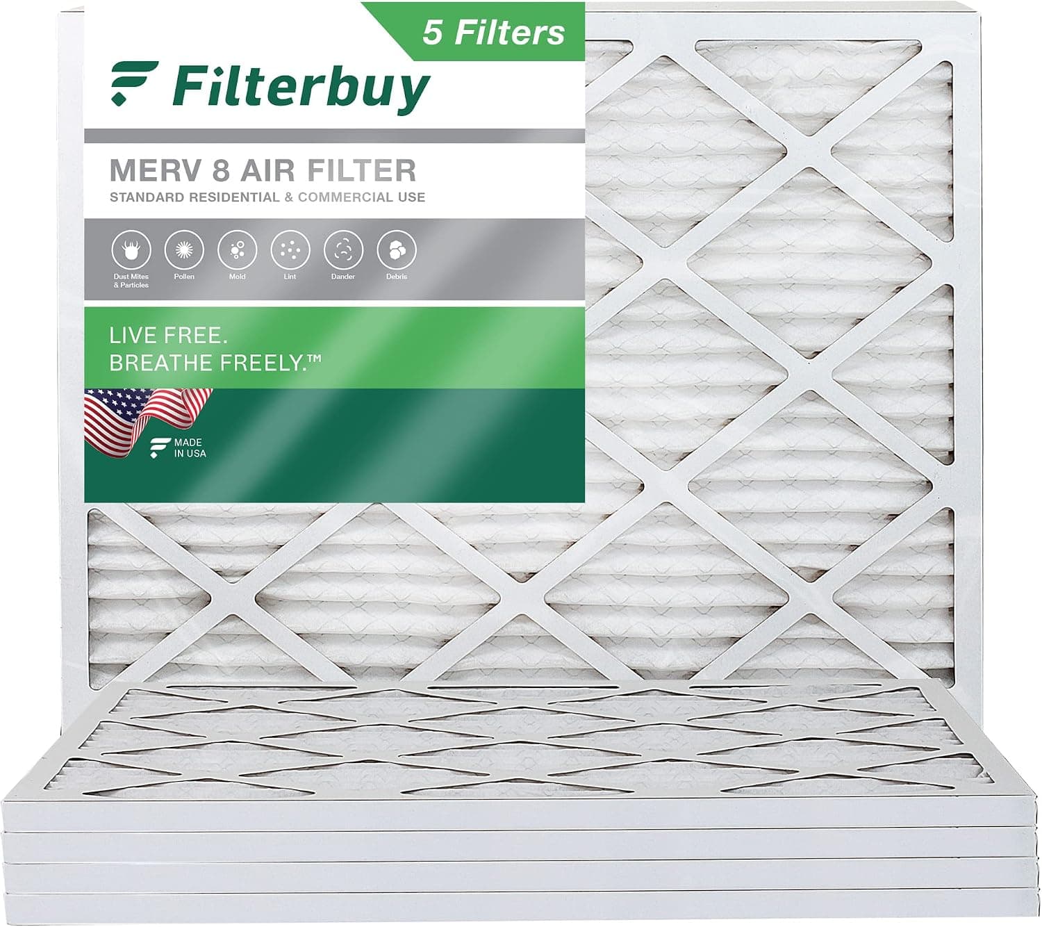 Filterbuy 17x22x1 Air Filter MERV 8 Dust Defense (5-Pack), Pleated HVAC AC Furnace Air Filters Replacement (Actual Size: 16.50 x 21.50 x 0.75 Inches)