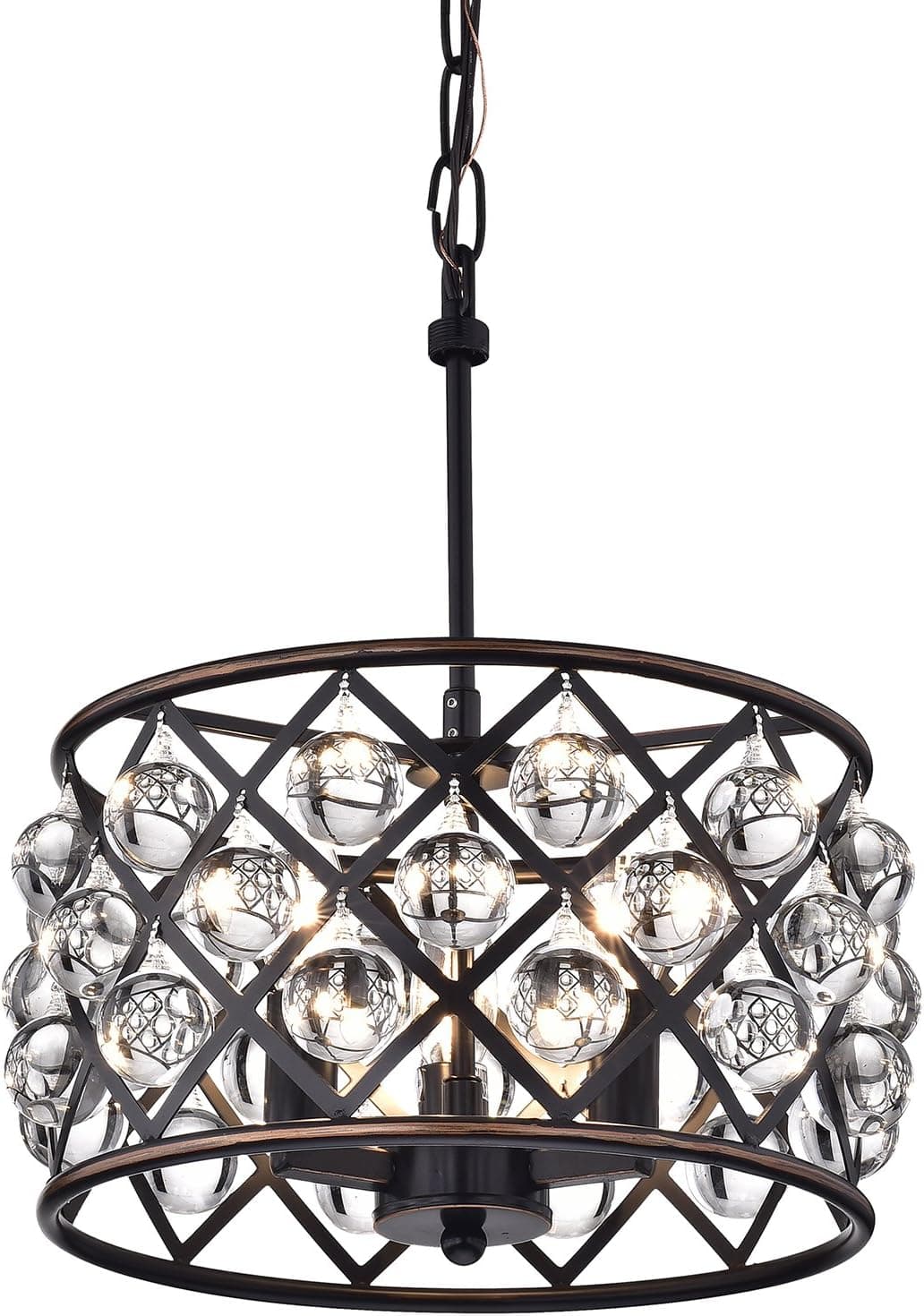 Edvivi Crystal Drum Pendant Chandelier, 4 Lights Glam Lighting Fixture with Oil Rubbed Bronze Finish, Crystal Spheres, Living, Dining, Kitchen