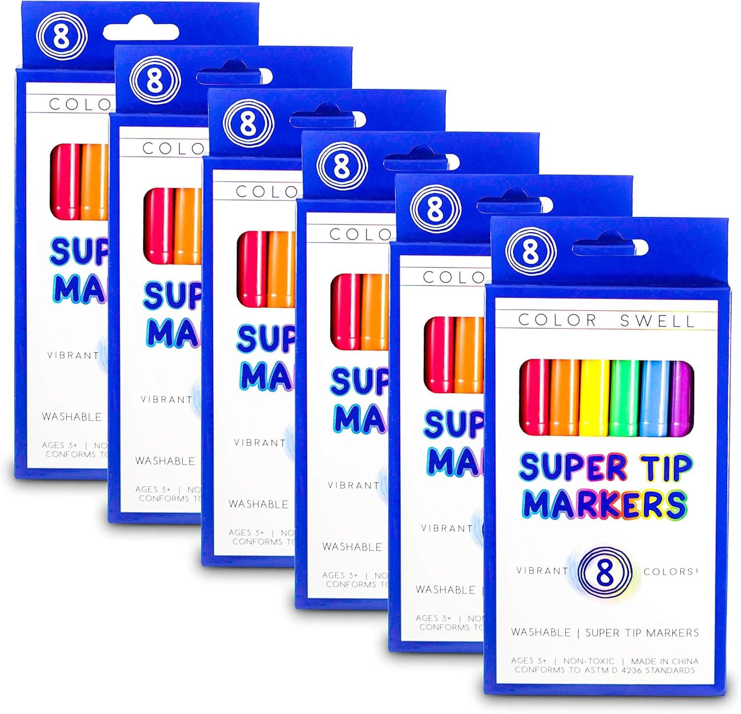 Color Swell Super Tip Markers 6 Boxes of 8 Washable Vibrant Colors (48 Total) Perfect Bulk Marker Pack for Kids, Parties, Classrooms
