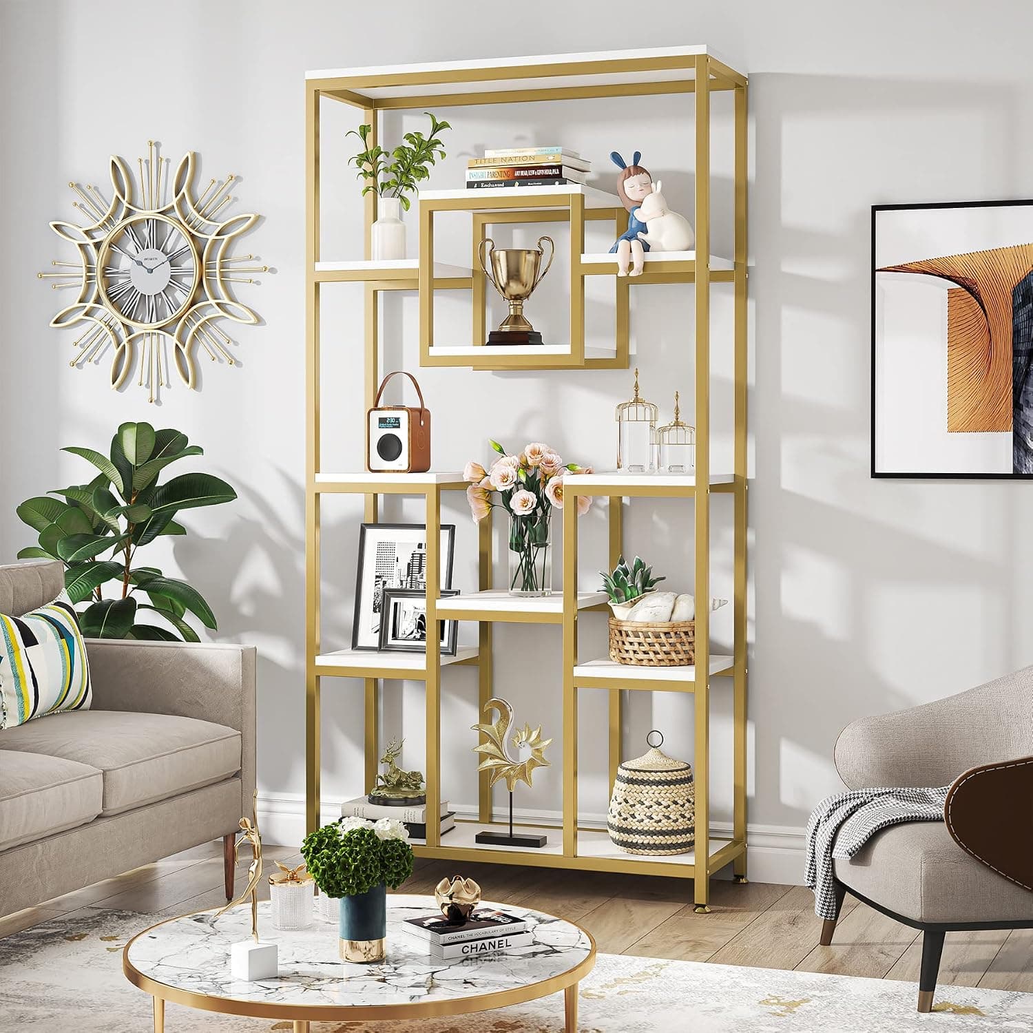 Tribesigns 71" Tall Bookshelf, 11-Tier Large Open Display Shelf, Geometric Cubed Bookcase Shelf, Modern Book Shelf with Storage for Living Room, Study, Hallway, Gold Metal Frame and Glossy White Board