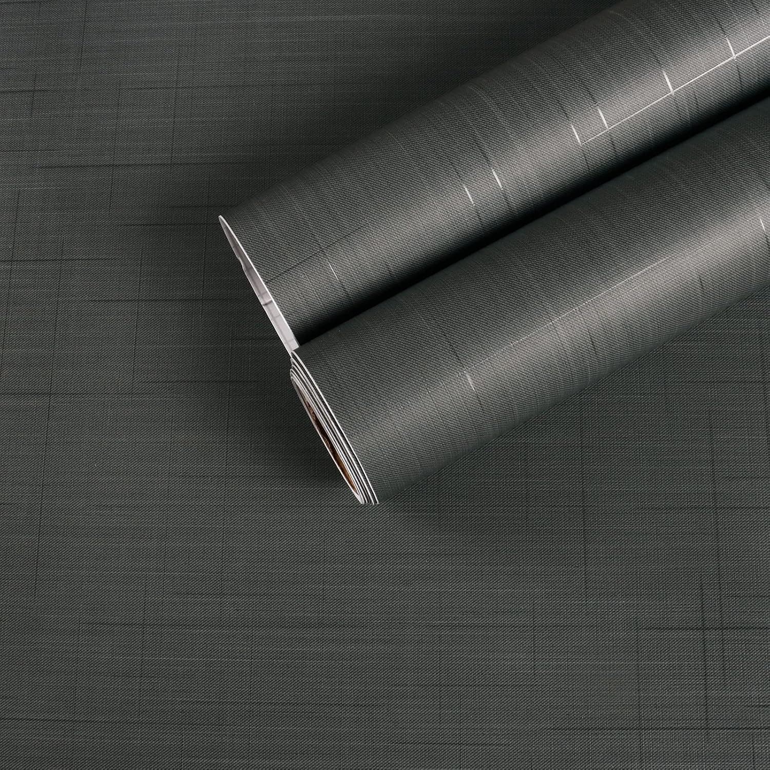 CHIHUT 17.7"x100" Dark Grey Grasscloth Wallpaper Peel and Stick Wallpaper Self Adhesive Removable Faux Grasscloth Contact Paper Textured Waterproof Fabric Wallpaper Roll for Bathroom Cabinets Walls