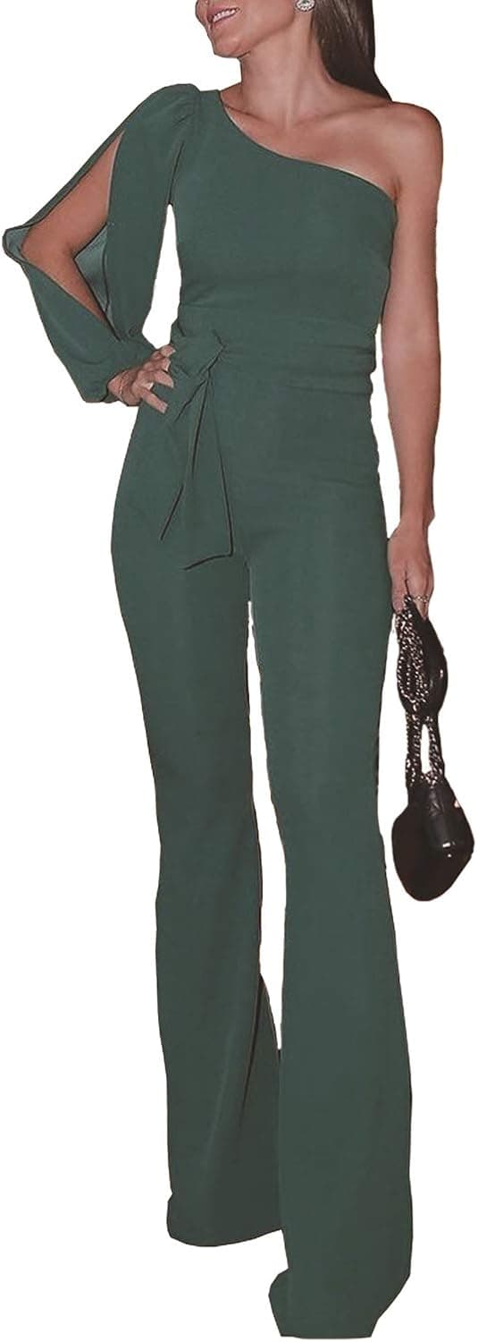 MisShow Women's Wide Leg Slanted One Shoulder Belted Jumpsuits