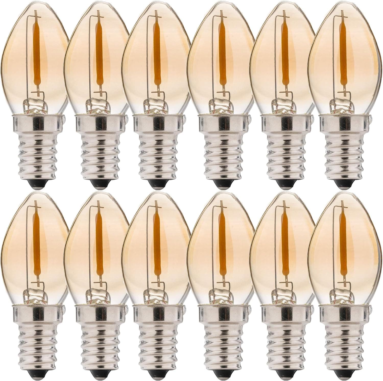 FLSNT C7 LED Night Light Bulbs 15W Equivalent,Dimmable,0.8W,E12 Candelabra Base,2200K Warm White,CRI80,45LM, Amber Glass Finishing,12 Pack
