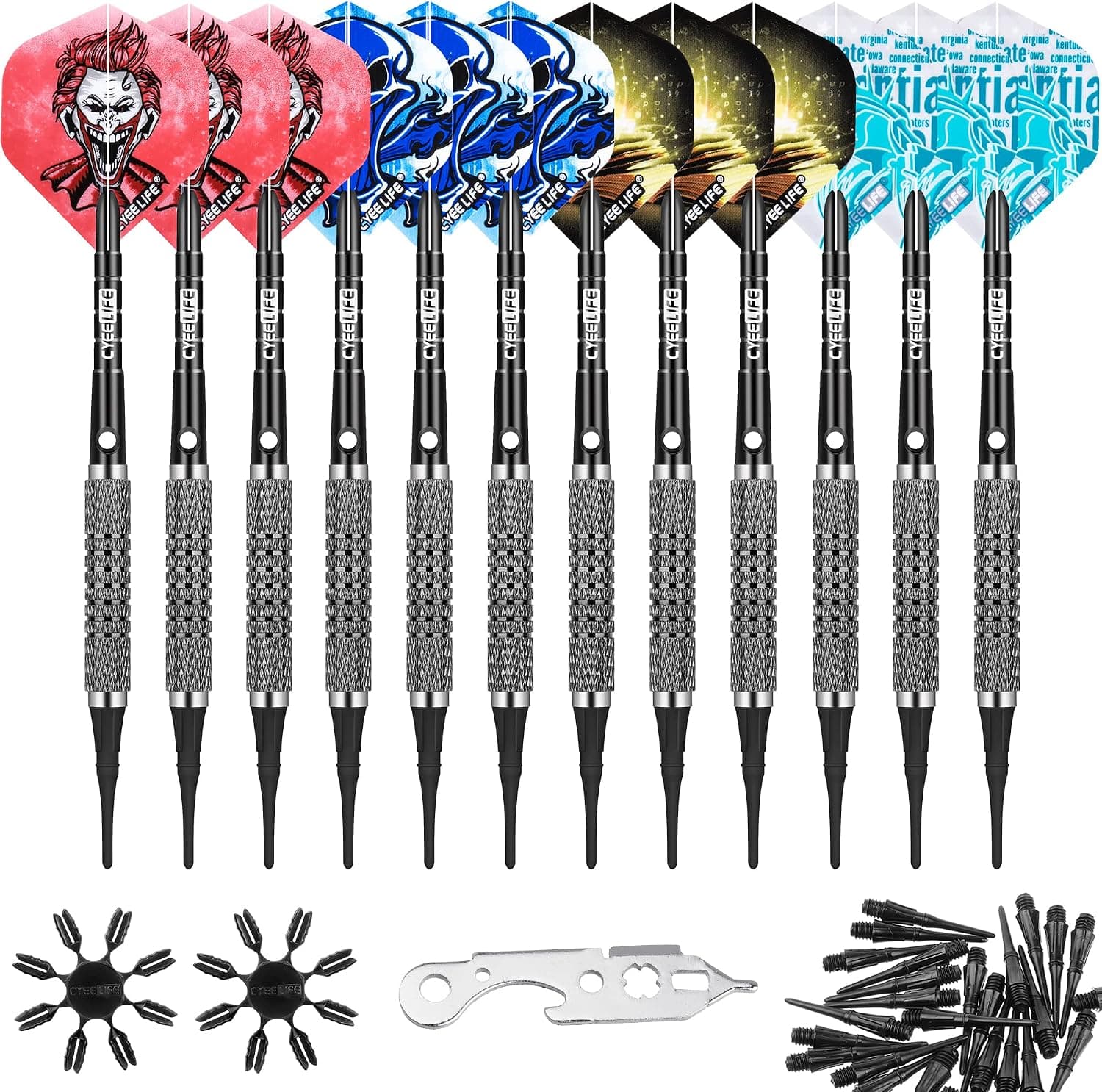 CyeeLife Soft tip Darts Home Set+100Tips+Tool+24Flights+12 Aluminium shafts with Rubber Rings,Light House Plastic Dart