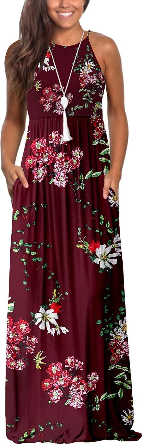 Lamilus Maxi Dresses for Women Summer Sleeveless Loose Plain Casual Long Dress with Pockets