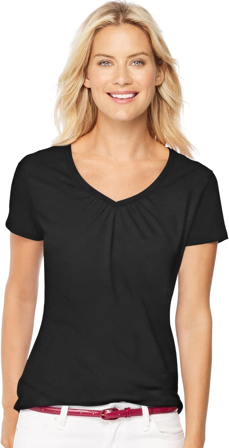 Hanes Women`s Short-Sleeve Shirred V-Neck Tee, 9333, 2XL, Black