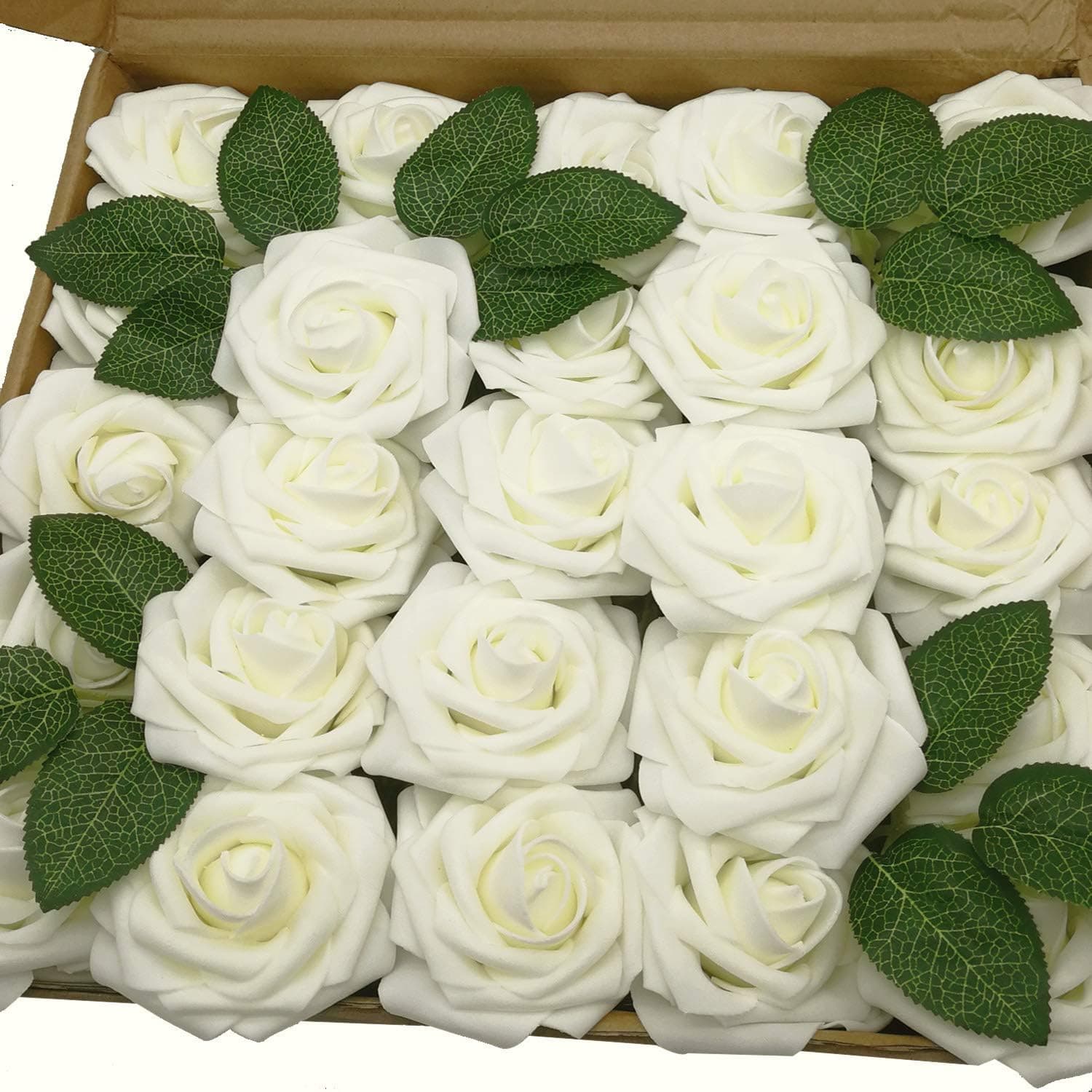 J-Rijzen Artificial Flowers 50PCS Real Looking Ivory Fake Roses with Stem for DIY Wedding Bouquets Centerpieces Party Baby Shower Home Decorations (Ivory)