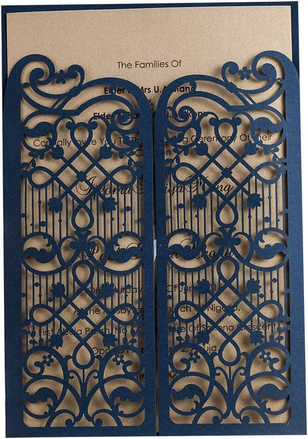 WISHMADE 50 Navy Blue Elegant Laser Cut Gate Fold Design Wedding Engagement Invitation Kits Cards Stock, for Bridal Shower Graduation Party Quinceanera Dinner Party with Envelope CW5102