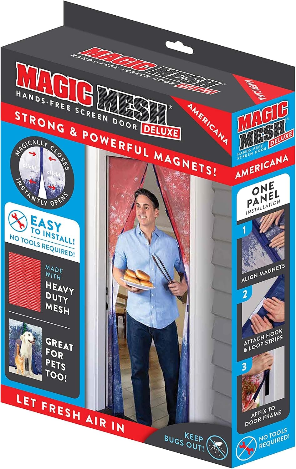 Magic Mesh Deluxe- Americana- Hands Free Magnetic Screen Door, Mesh Curtain, Frame Hook & Loop, Hands Free, Pet & Kid Friendly- Fits Doors up to 39 x 83 Inches, Red/White/Blue