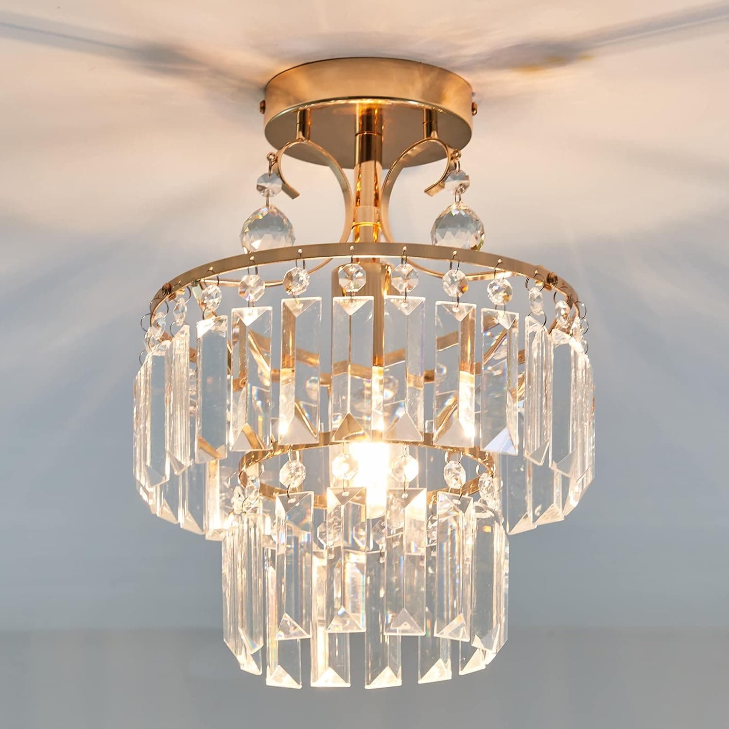 YYJLX Small Crystal Raindrop Mini Chandeliers Semi Flush Mount Ceiling Light Fixture Ceiling Lamp for Hallway Bar Kitchen Dining Room Living Room （Rose Gold）