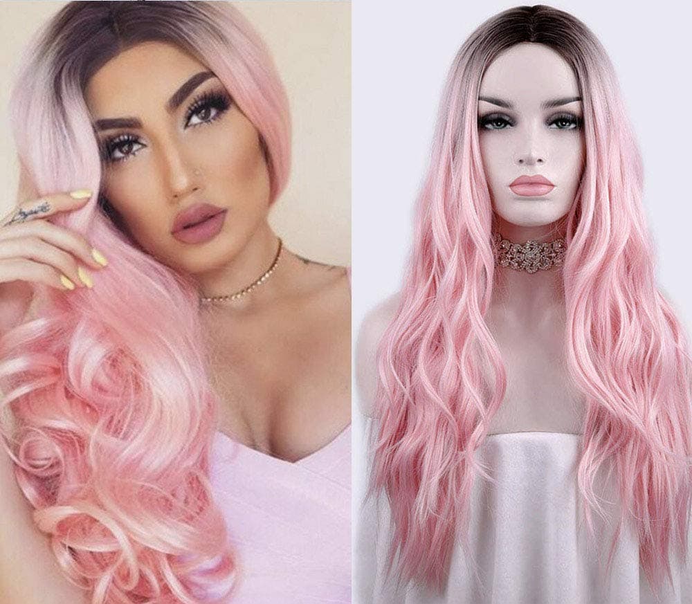 aSulis Natural Long Wavy Curly Wig Ombre Pink Middle Parting Synthetic Replacement Wig 28" (Pink)