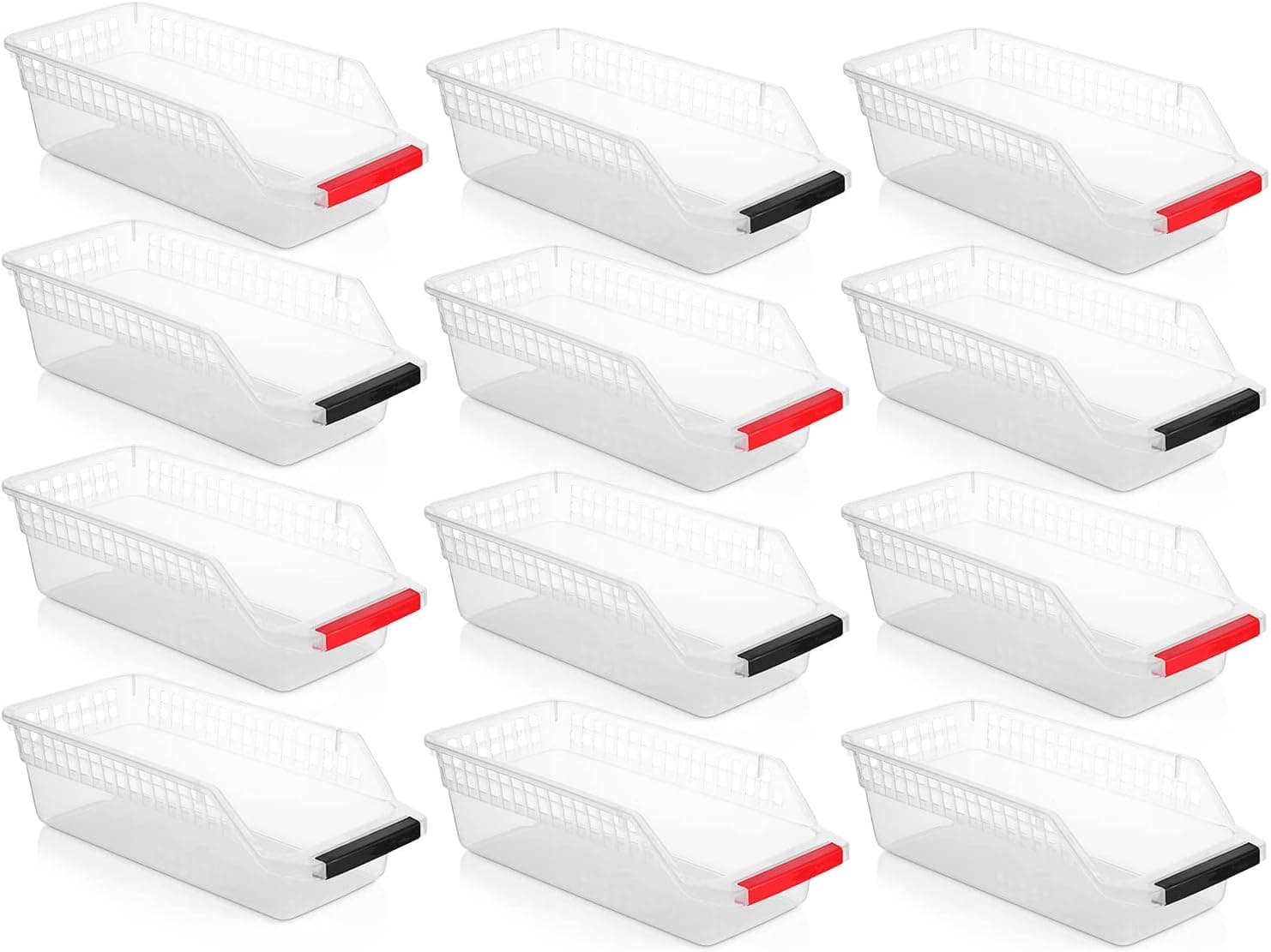 12 Pack - Multi-Purpose Shelf Baskets, Refrigerator Organizer Plastic Containers, Kitchen Pantry Cabinets Organization Bins, Clear
