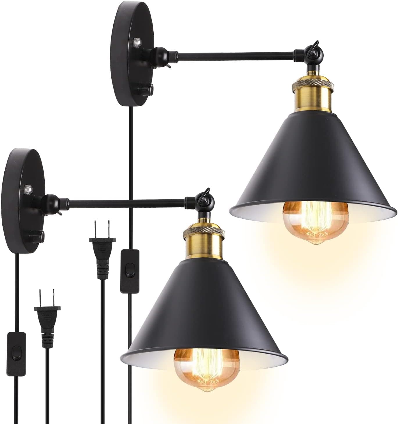 HOREVO Wall Sconces Set of Two, Black Wall Light Wall Sconces Plug in with in Cord，Dimmable Swing Arm Wall Light Reading Lamp Edison Corridor，Wall Lights for Bedroom
