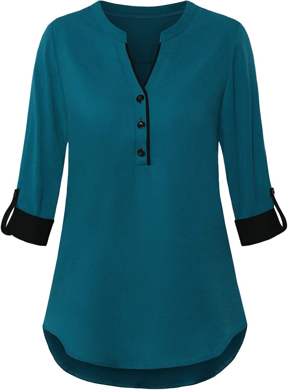 FANSIC Women V Neck 3/4 Roll Sleeve High Low Hem Top Button Down Chiffon Blouse Dark Cyan XL