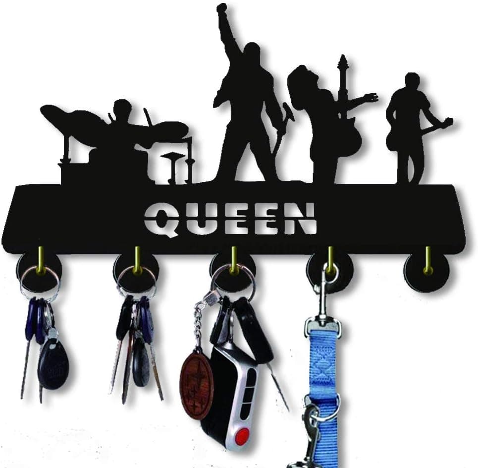 Rock Band Wall Wooden Key Hooks 20LB(Max) Bedroom Kitchen Office Heavy Duty Hanger Self Adhesive Key Holder Bag Coat Hanger Black Color (Queen)