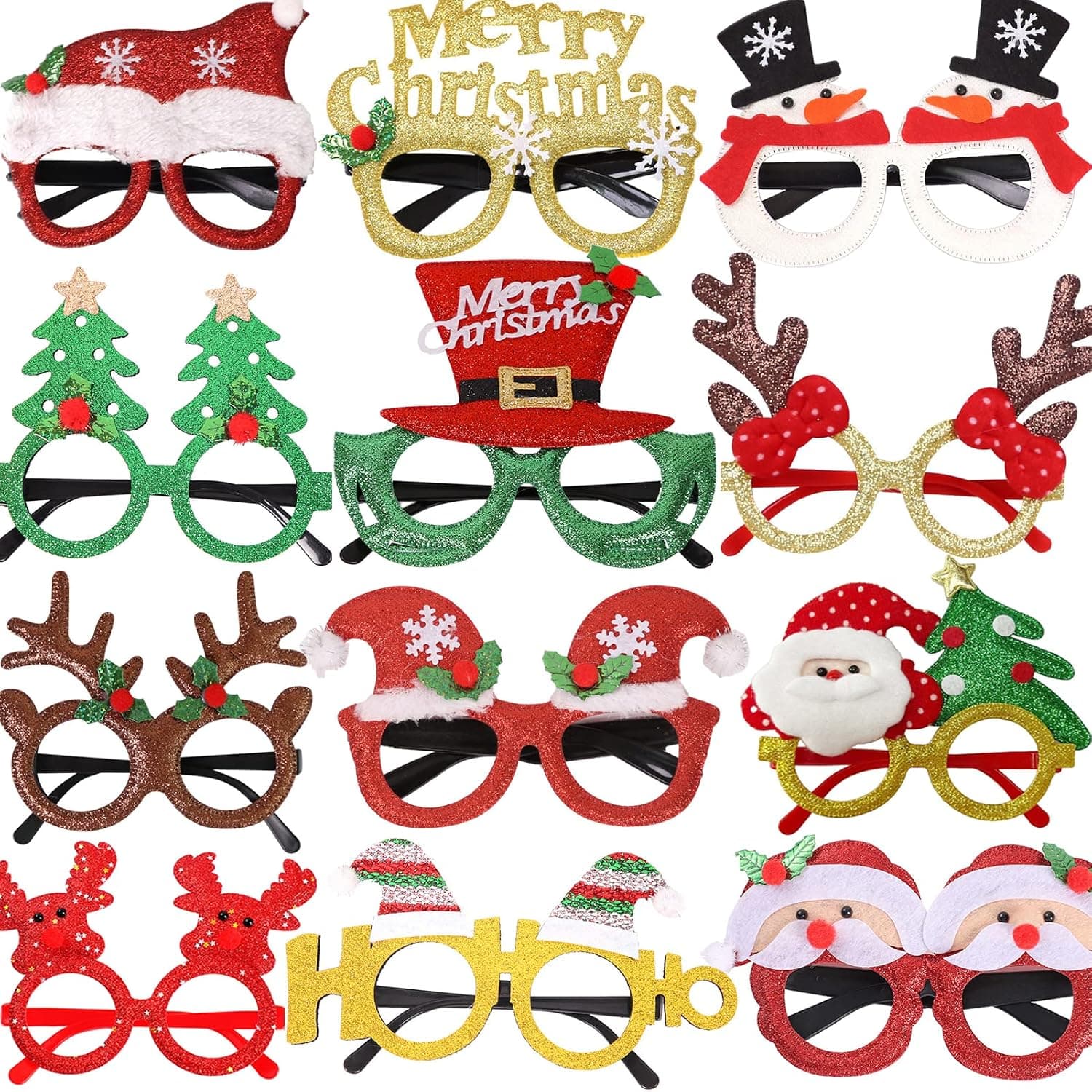 Dumcondy 12PCS Funny Birthday santa reindeer Glitter Party Glasses Frames Xmas Christmas Decoration Costume Eyeglasses Eyewear vacation Holiday Favors Photo Booth props Gifts (One Size Fits All)