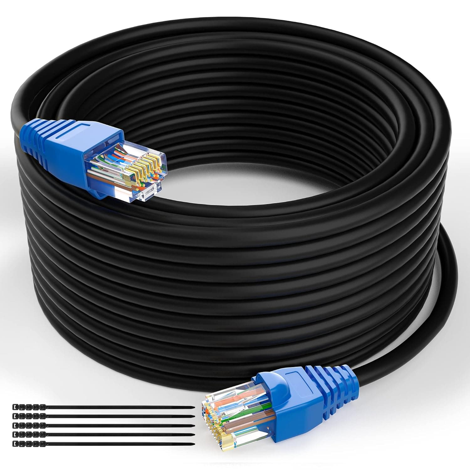 Cat6 Outdoor Ethernet Cable 25 Feet, Cat 6 Heavy Duty Internet Cord, Waterproof, Direct Burial, in Wall, POE, Network, Indoor, PVC & LLDPE UV Double Jackets, Supports Cat6 Cat5e Cat5 with 25 Ties