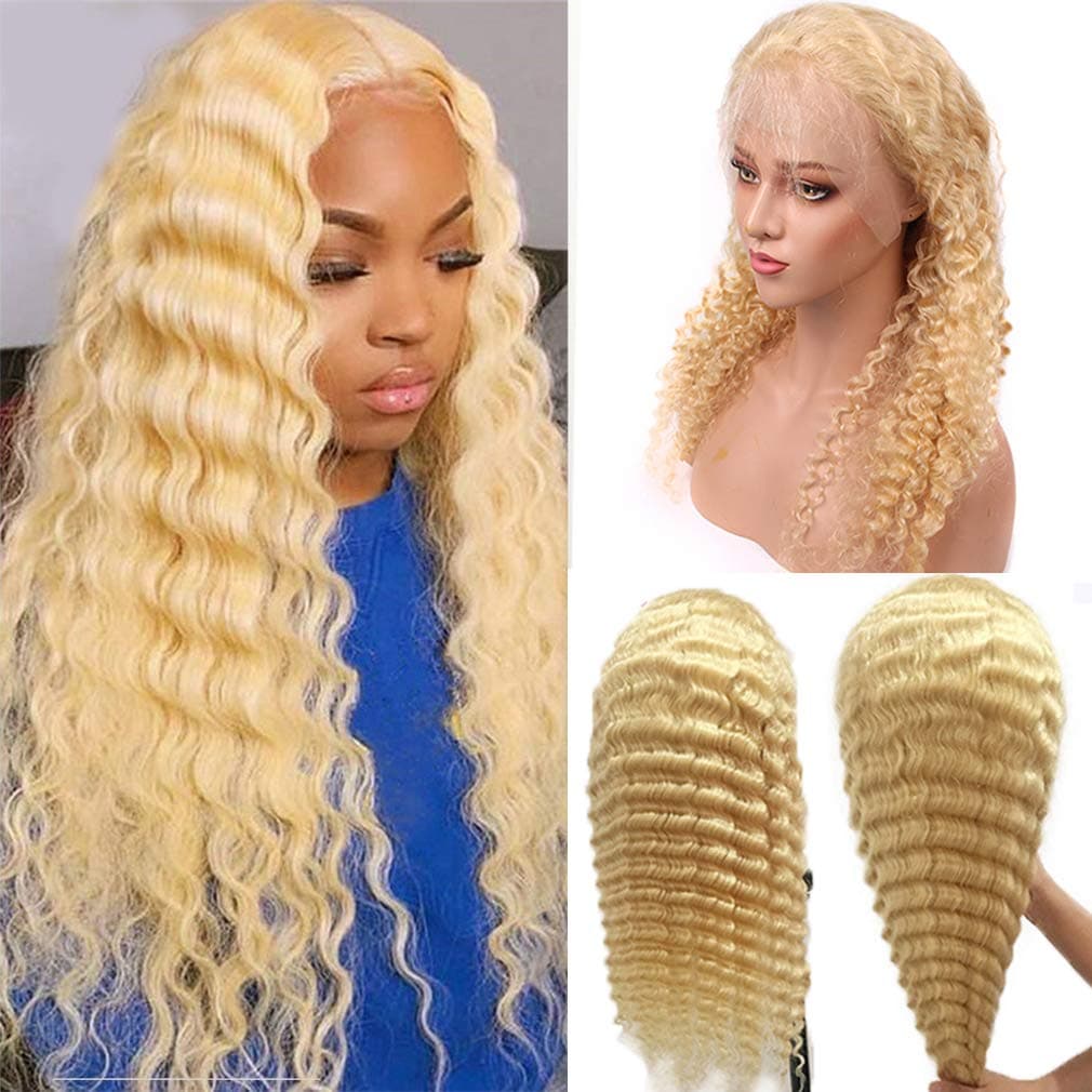 Blonde Virgin Human Hair Wigs Water Wave 18Inch 150% 13x4 Lace Frontal Wigs Deep Part with Baby Hair Pre Plucked Natural Hairline Wet and Wavy Hair Wig Deep Wave Lace Wigs,Can Be Dyed