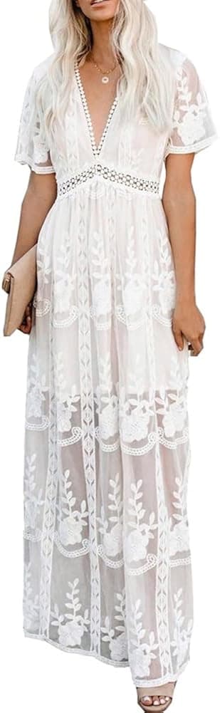 Eleter Women's Deep V-Neck Lace Romper Short Sleeve Long Dress