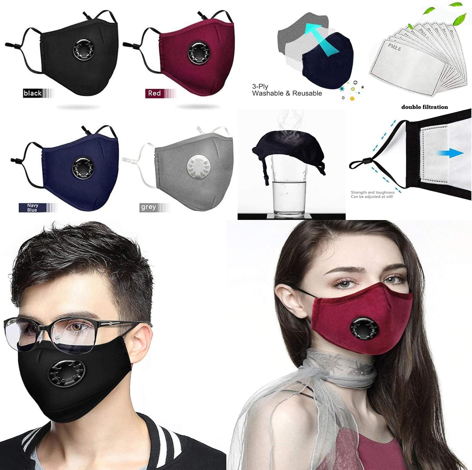 4 Pack Reusable Face_Mask with Breathing Valve,Adjustable Face_Mask with 8 Filters,Breathable Cotton Facemasks with Nose Wire for Glasses,Washable Facemasks for Man Woman,Outdoor Indoor Sports Party