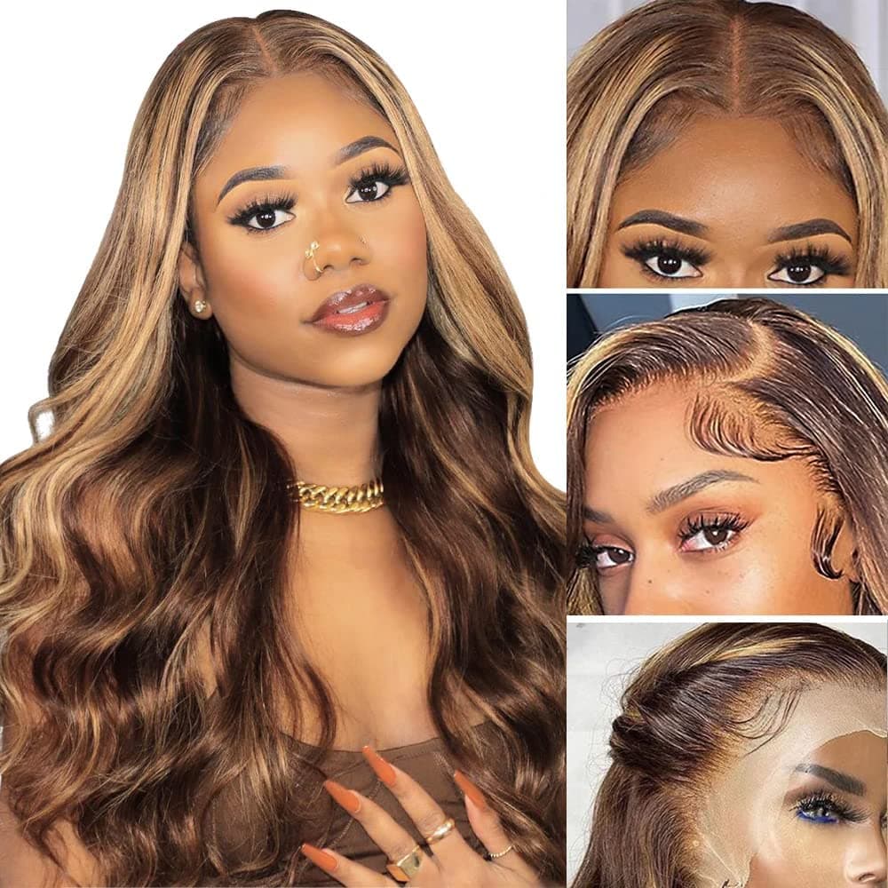 Highlight 13x4 HD Transparent Lace Front Wigs Human Hair P4/27 Color Ombre Body Wave Lace Frontal Wigs For Women Honey Blonde Frontal Wig 180% Density Pre Plucked Realistic Looking Super Soft 20inch
