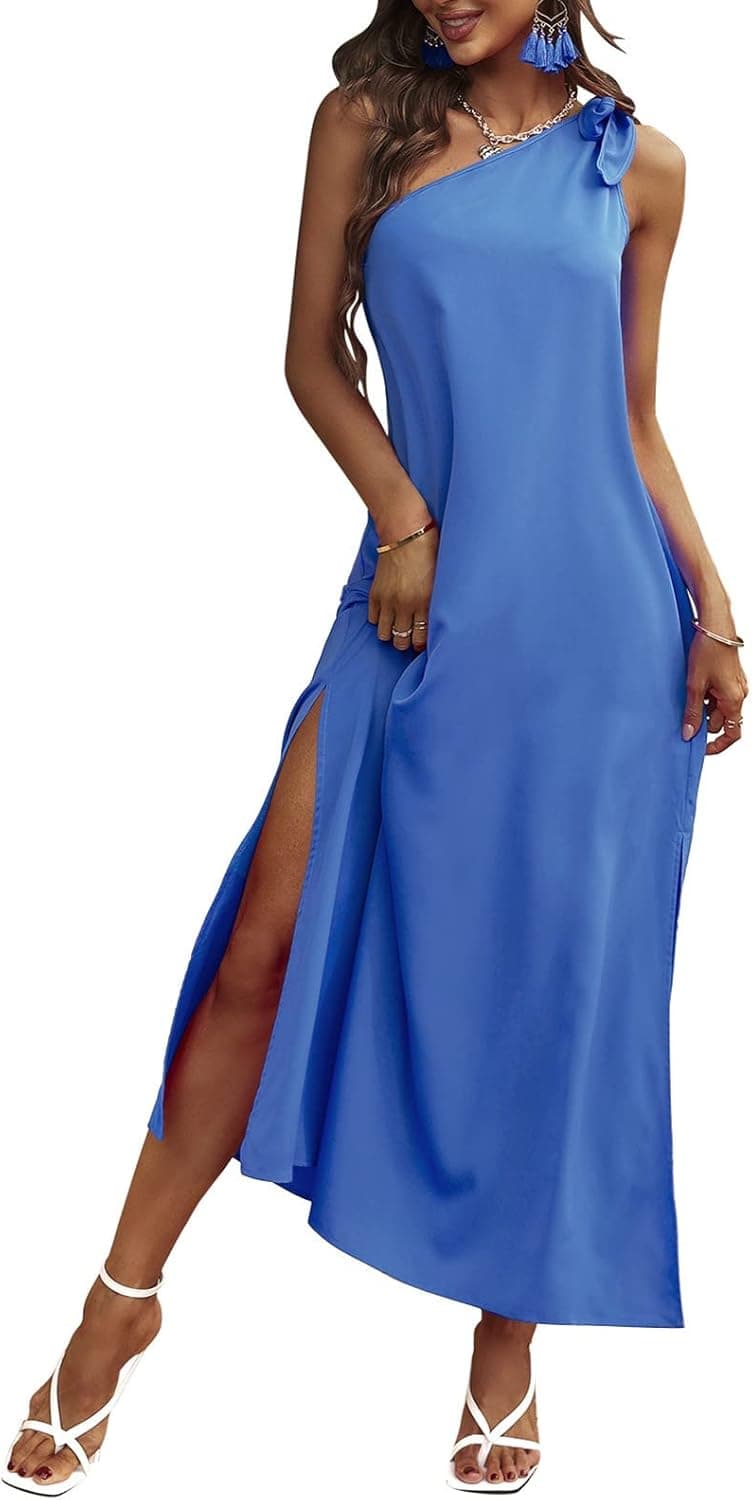 Women One Shoulder Dress Fashionable Elegant Loose Casual Sleeveless Split Hem Ladies Bow Tie Chiffon Resort Style