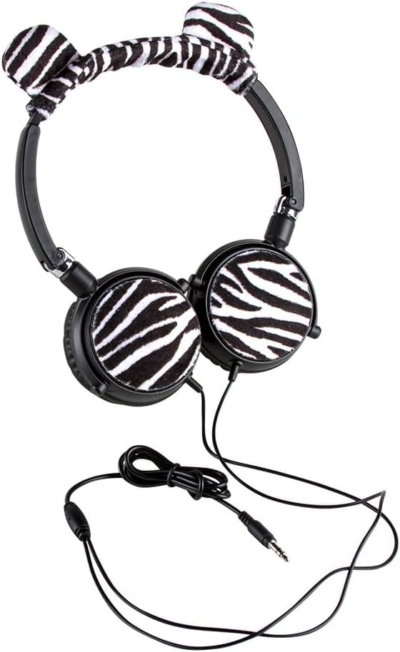 Foldable Zebra Kids Animal Print Headphones with Adjustable Headband and Padded Earcups and 4 Foot Cord