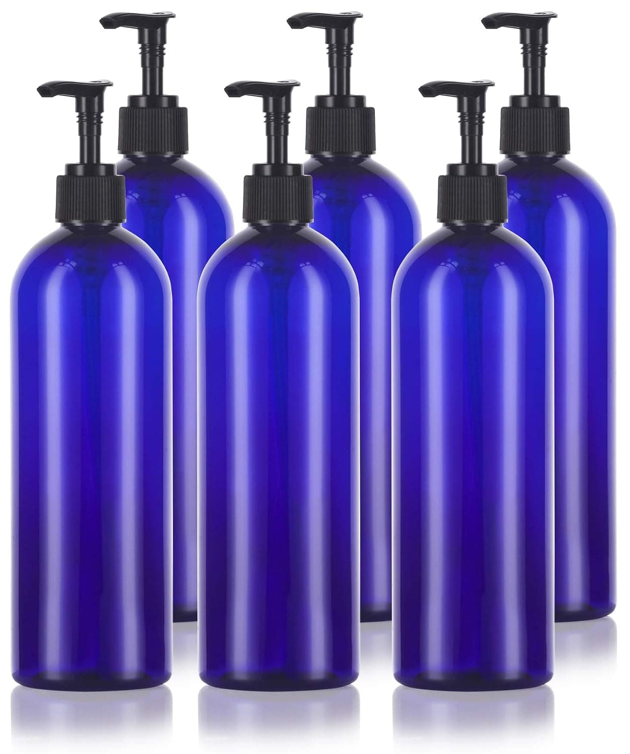 16 oz / 500 ml Cobalt Blue Slim PET Plastic Bottles (BPA Free) with Black Lotion Pump (6 pack)