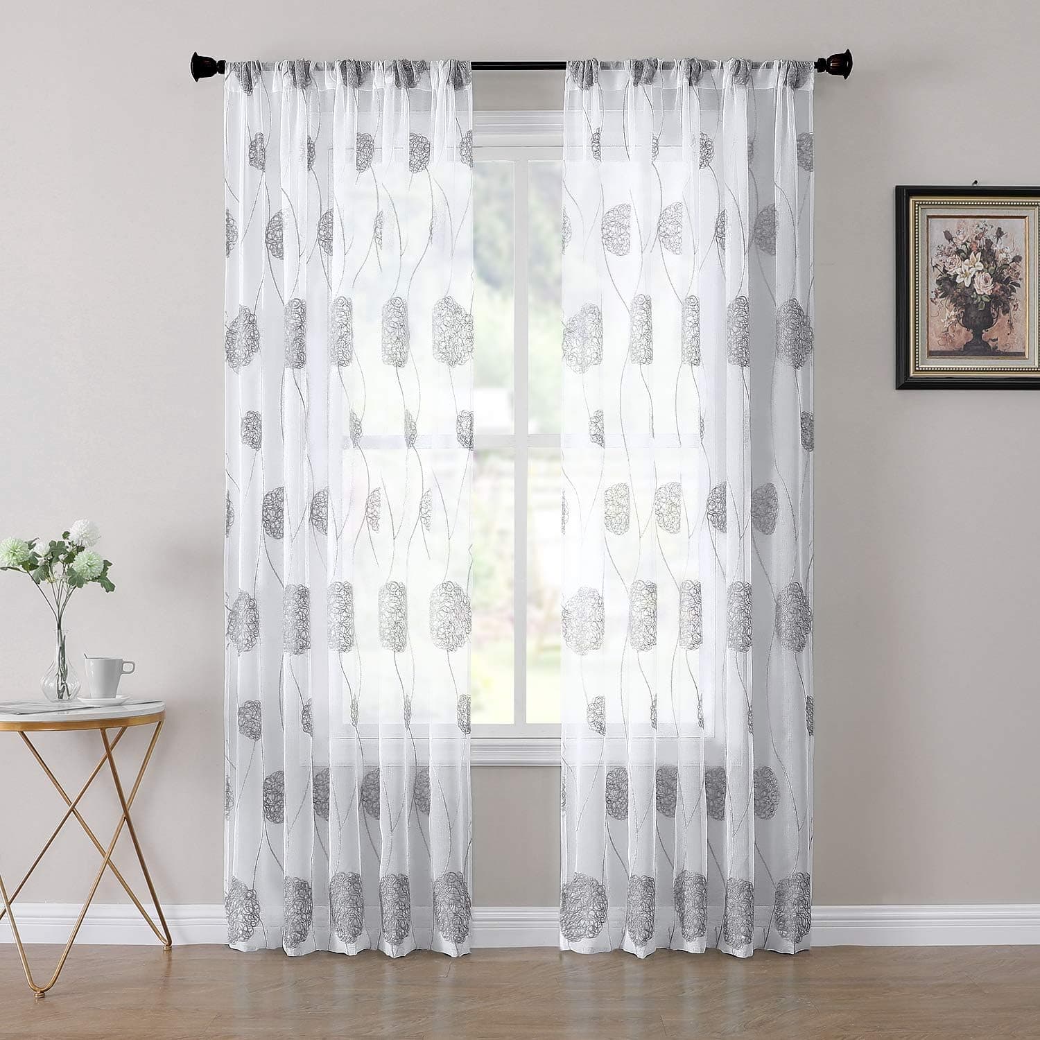 Tollpiz Floral Sheer Curtain Grey Nest Embroidery Bedroom Curtains Rod Pocket Voile Linen Textured Window Curtain for Living Room, 54 x 84 inches Long, Set of 2 Panels